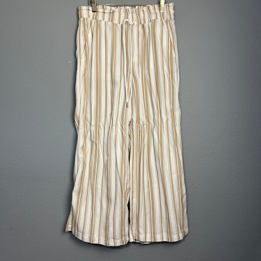 LOFT Striped Wide Leg Crop Pants Drawstring Waist Lyocell Casual Beige White‎ Sm